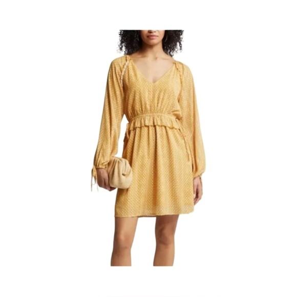 BTFL-Life Gold Long Sleeve Mini Dress Size L Ruffle Waist Lined Nordstrom NWT - Picture 1 of 11